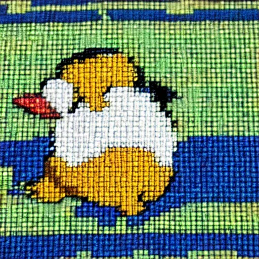 Prompt: macro photo of my latest psyduck cross-stich on a table, etsy shop, kodak kodachrome 400, f2.8