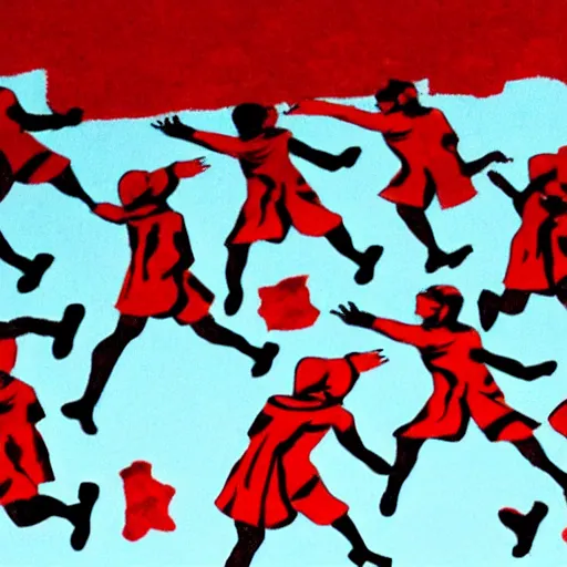 Image similar to sprinting women, wearing red coats,