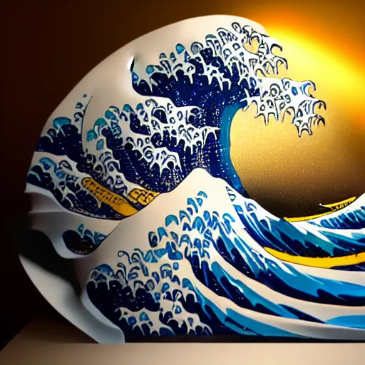 Prompt: photography of a kanagawa wave, 3 d resin sculpture, cinematic lighting, volumetric lighting, by richard orlinski