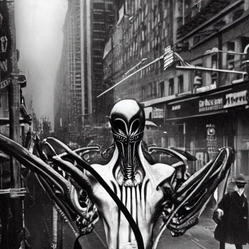 Image similar to old black and white photo, 1 9 1 3, depicting a xenomorph from the movie aliens rampaging through the bustling streets of new york city, historical record