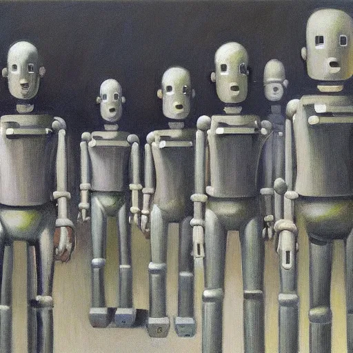 Prompt: robots queue up for destruction in an abattoir, grant wood, pj crook, edward hopper, oil on canvas