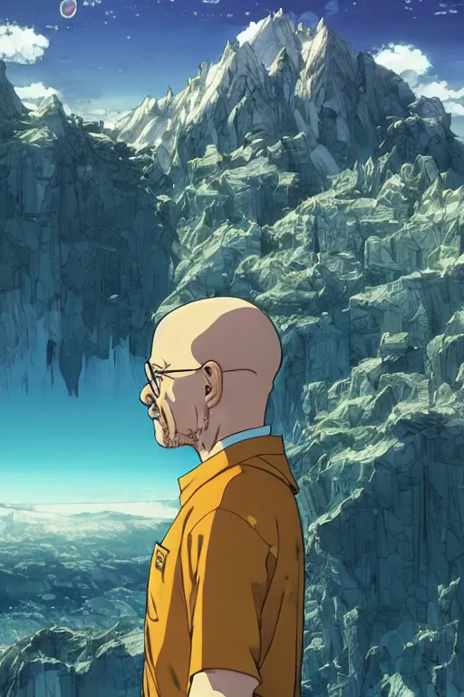 Prompt: walter white enjoying the view of a majestic crystal cliff, high intricate details, rule of thirds, golden ratio, cinematic light, 8 k, octane render, anime style, graphic novel by fiona staples and dustin nguyen, art by beaststars and orange, peter elson, alan bean, studio ghibli, makoto shinkai