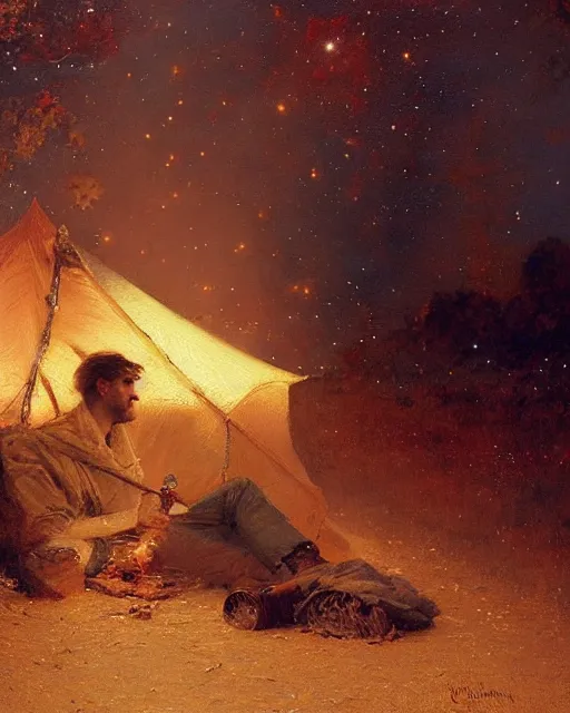 Prompt: very very attractive man counts the stars at night from beside the fire, his tent is nearby, melancholy, nostalgia, painting by gaston bussiere, craig mullins, j. c. leyendecker