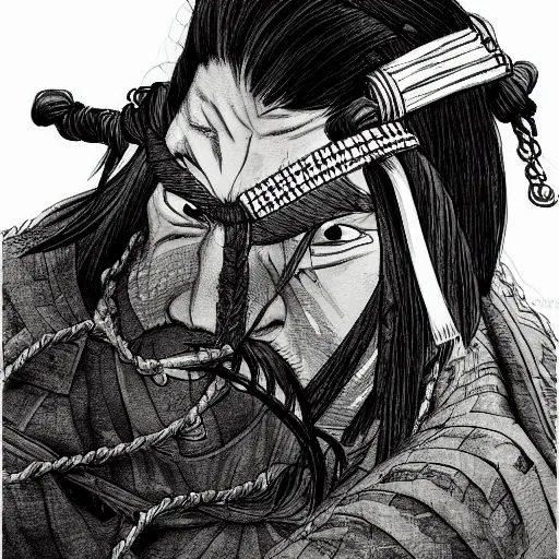 Image similar to a portrait from behind of a samurai man vagabond that holds chains, detailed, illustration, concept art, ink style, sketch