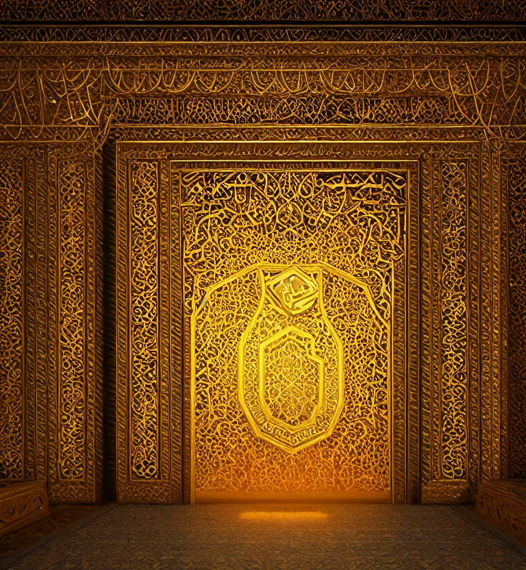 Image similar to an islamic style ornamental gate into other dimension, gold, ornament, intarsia, portal, doorway, dynamic lighting, ambient lighting, atmospherical, photorealistic fantasy concept art, trending on art station, stunning visuals, creative, cinematic, ultra detailed