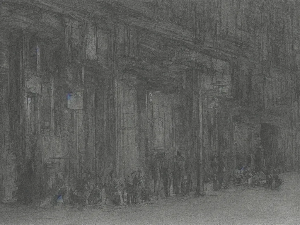 Prompt: few people waiting in a bus stop in dark city night, high quality, detailed, high resolution, in the style of zdizlaw beksinski