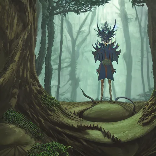 Image similar to concept art painting of an anthropomorphic dragon king with black robes, a long neck, and skull mask, in a deep forest, cel shaded, in the style of makoto shinkai and james gurney and studio ghibli and moebius