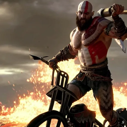 Image similar to kratos, with leviathan axe, jumping a black harley - davidson motorcycle off a cliff, cinematic render, playstation studios official media, god of war 2 0 1 8