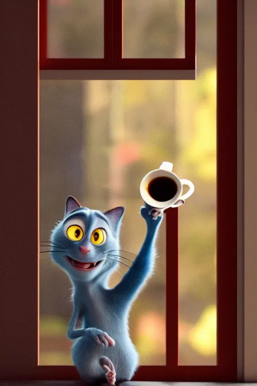 Image similar to happy cat holding one cup of coffee at house window. Pixar Disney 4K 3d render funny animation movie Oscar winning trending on ArtStation and Behance. Ratatouille style.