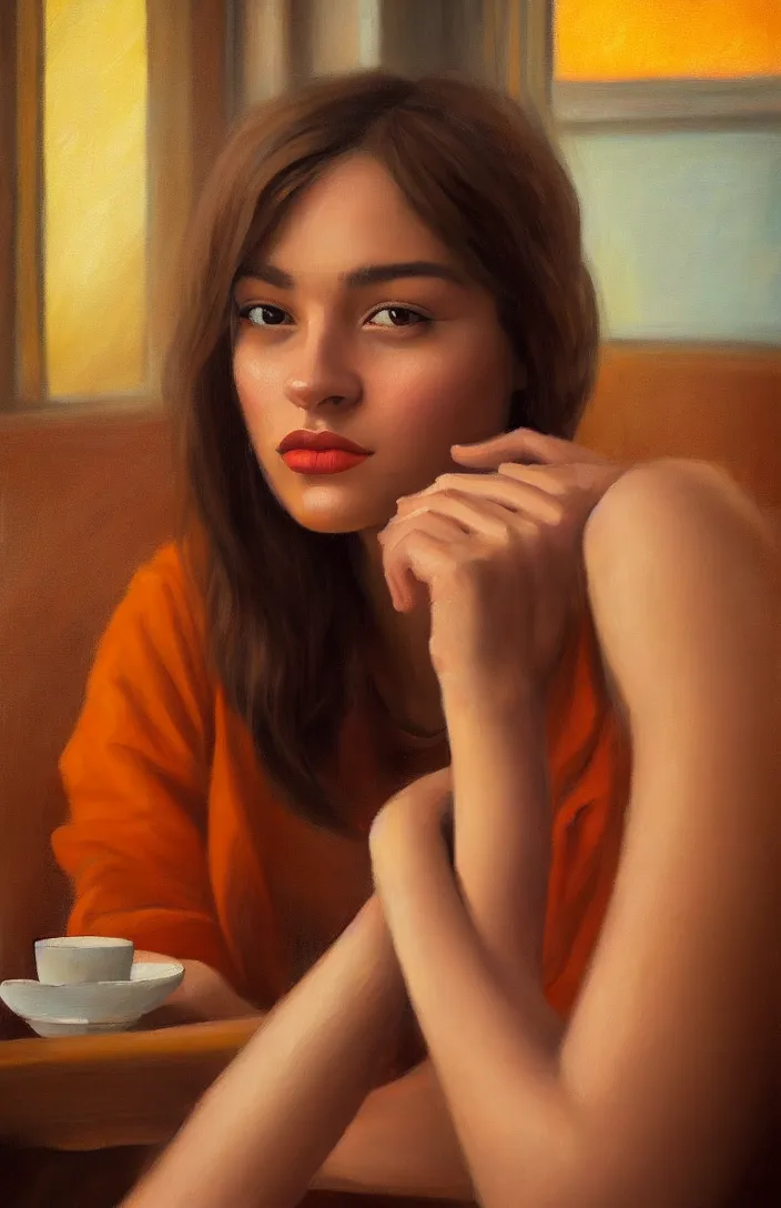 Image similar to a portrait of a beautiful girl sitting in a cafe, cuban setting, warm colors, soft lighting, atmospheric, cinematic, moody, in the style of diego koi, gina heyer, luiz escanuela, art by alyssa monk, hyperrealism, rule of thirds, oil on canvas, 8 k