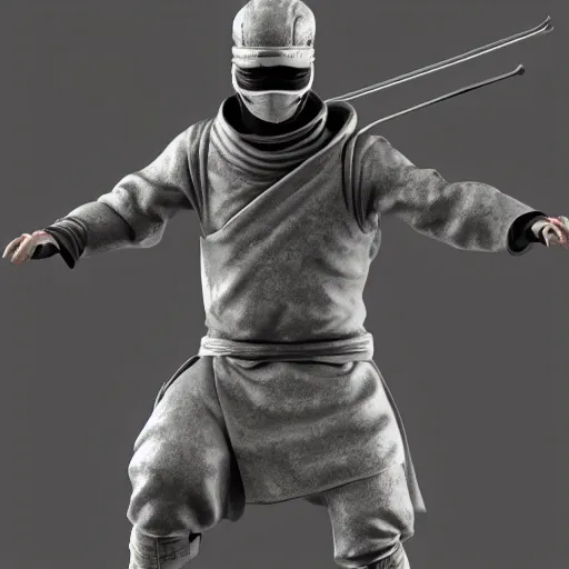 Prompt: 3 d rendering of marble and chrome statue of ninja wearing full face mask and hunter hat, no pose, combat suit, technological, octane render