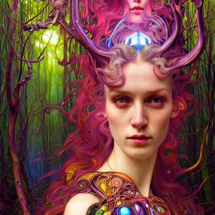 Prompt: bright psychedelic portrait of shy organic cyborg in an ancient forest, diffuse lighting, fantasy, intricate, elegant, highly detailed, lifelike, photorealistic, digital painting, artstation, illustration, concept art, smooth, sharp focus, art by John Collier and Albert Aublet and Krenz Cushart and Artem Demura and Alphonse Mucha