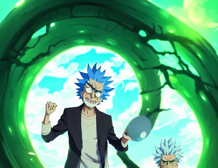 Prompt: rick sanchez emerges from a green portal, by nashimanga, anime illustration, anime key visual, beautiful anime - style digital painting by wlop, amazing wallpaper