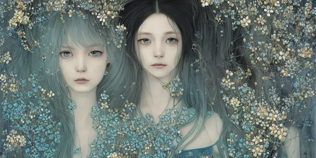 Image similar to breathtaking detailed concept art painting of the goddesses of nemophila flowers, orthodox saint, with anxious, piercing eyes, ornate background, amalgamation of leaves and flowers, by Hsiao-Ron Cheng, James jean, Miho Hirano, Hayao Miyazaki, extremely moody lighting, Black paper, cut paper texture, Full of light-blue and silver and white layers, 8K