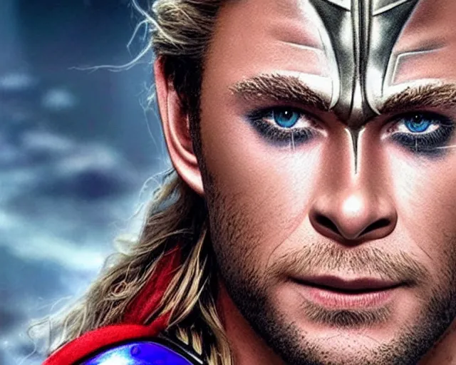 Image similar to chris hemsworth as thor with exaggerated drag queen makeup, amazing digital art, amazing detail, photorealistic