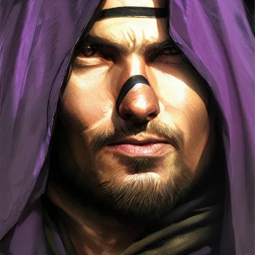 Image similar to ultra realistic illustration, man in a black hood, in a striped purple balaclava, mysterious, highly detailed, digital painting, artstation, concept art, smooth, sharp focus, illustration, art by artgerm and greg rutkowski and alphonse mucha