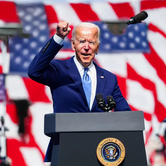 Prompt: Joe Biden getting punched on stage while he talks at the lectern, detailed zoom photo, 4K