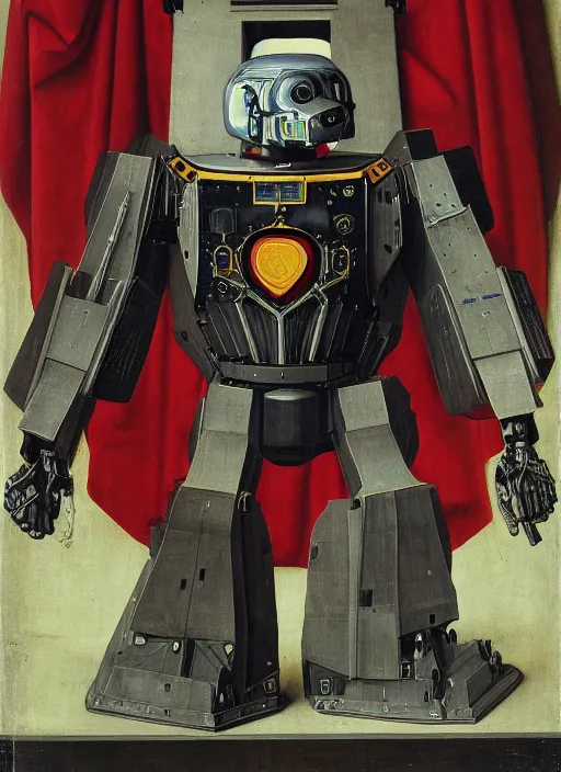 Image similar to a portrait of ED-209 by Jan van Eyck