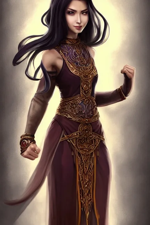 Prompt: a full body portrait of a gorgeous female monk, D&D, fighting stance, clenched fists, stylish dress, very long flowing dark hair, beautiful bone structure, intricate, elegant, stylish, cute slightly nerdy smile, fantasy, highly detailed, digital painting, artstation, concept art, smooth, sharp focus, illustration, art by artgerm and greg rutkowski and alphonse mucha
