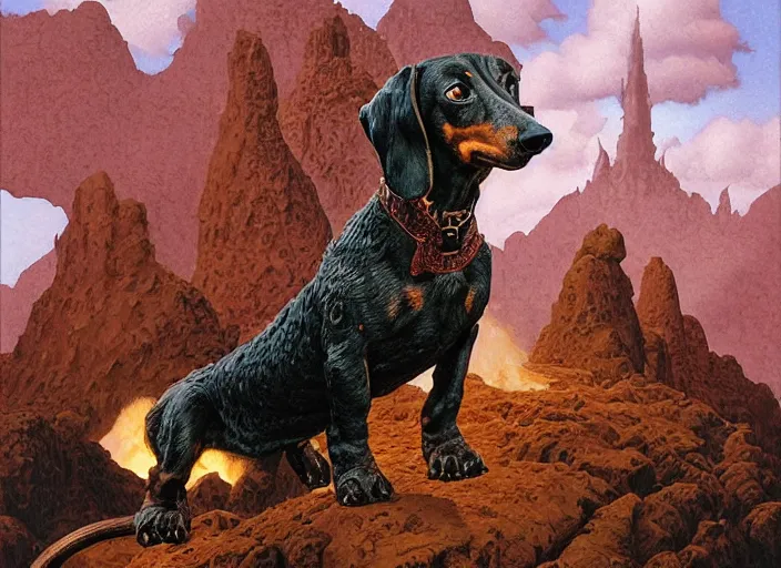 Image similar to Highly detailed oil painting of a dachshund balrog, intricate artwork by Angus McBride, John Howe, Matthew Stewart, Ted Nasmith, heroic fantasy