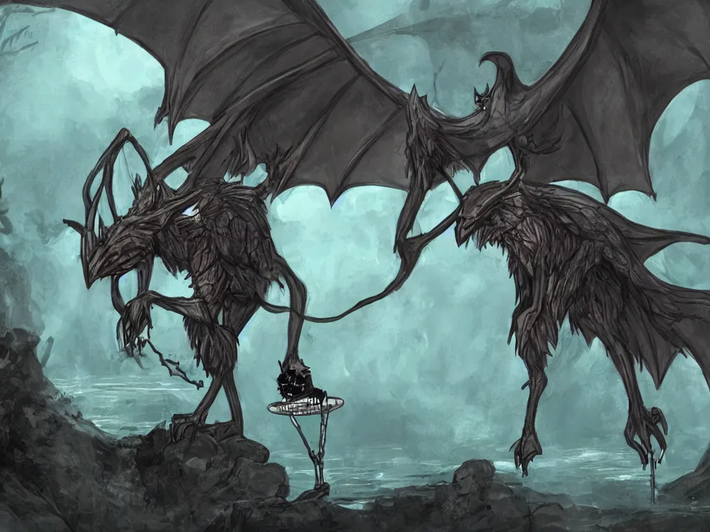 Image similar to concept art creature with bat wings and diabolic drinking water from a river in the forest