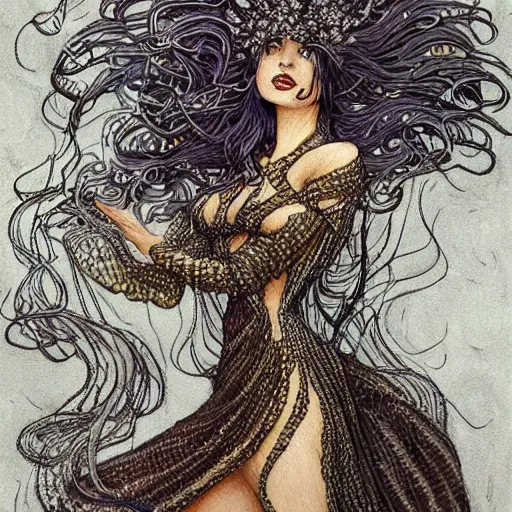 Image similar to woman wearing dress made of silver fish scales with long curly gold hair, art by Rebecca Guay, trending on artstation