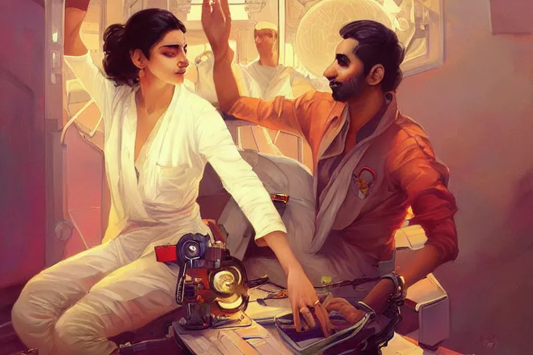 Image similar to Sensual good looking pale young Indian doctors wearing jeans partying in a space station above Earth performing surgery, portrait, elegant, intricate, digital painting, artstation, concept art, smooth, sharp focus, illustration, art by artgerm and greg rutkowski and alphonse mucha