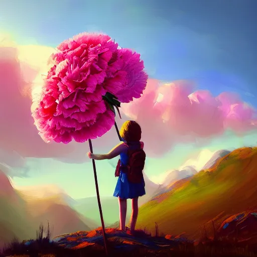 Image similar to giant carnation flower head, girl hiking in the mountains, surreal photography, sunrise, dramatic light, impressionist painting, colorful clouds, digital painting, artstation, simon stalenhag