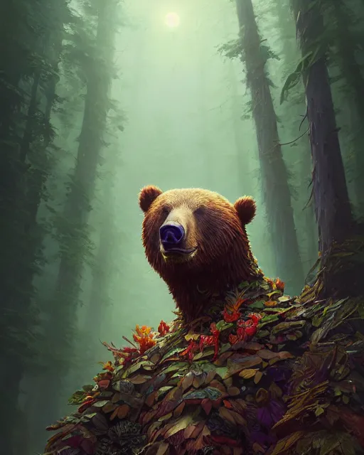 Image similar to highly detailed surreal vfx portrait of a stonepunk bear, stephen bliss, unreal engine, greg rutkowski, loish, rhads, beeple, makoto shinkai and lois van baarle, ilya kuvshinov, rossdraws, tom bagshaw, alphonse mucha, global illumination, detailed and intricate environment