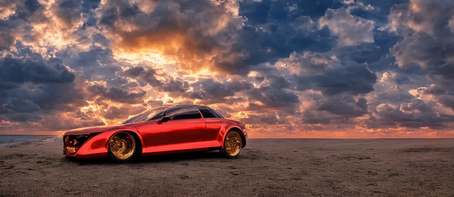 Image similar to futuristic golden car from the year 2052, white tires with intricate rims, professional studio photography, dramatic lighting, clouds, colorful red sunset, on the beach