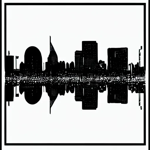 Image similar to a perfect circle where the inside is empty blank space and around the outer edge of the circle is the silhouette of a city skyline, black and white, minimalist, in the style of a line drawing