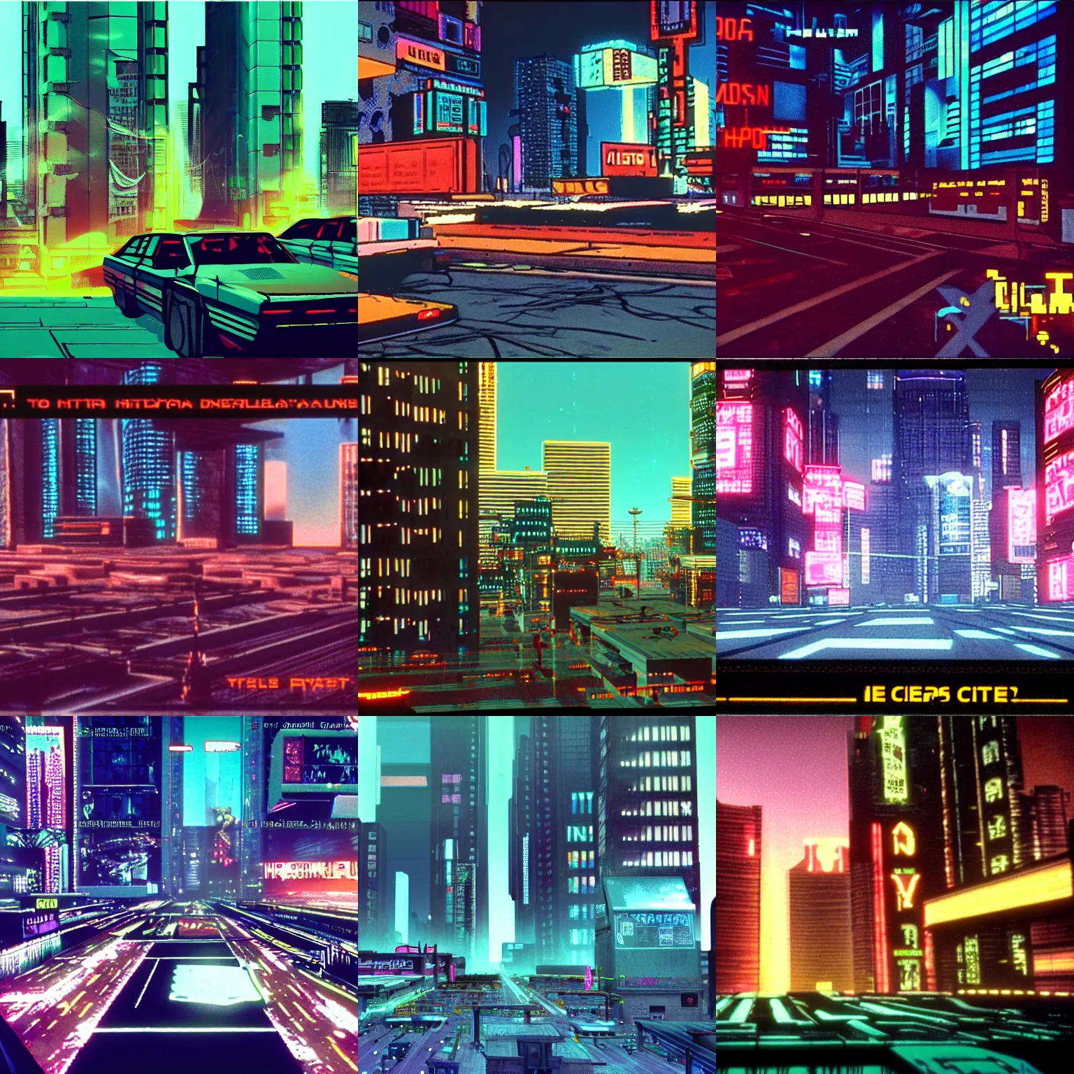 Prompt: a vhs screenshot 8 0 s of a cyberpunk city dystopian