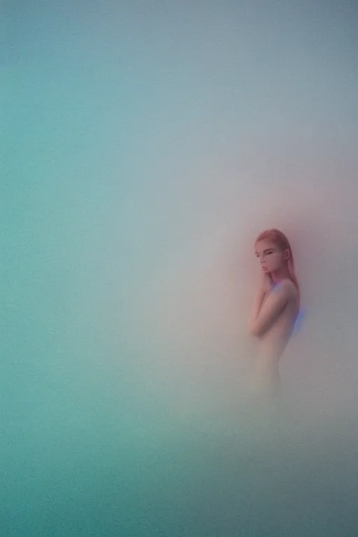 Image similar to high quality pastel coloured film close up wide angle photograph of a model wearing clothing swimming on cloud furniture in a icelandic black rock!! environment in a partially haze filled dreamstate world. three point light, rainbow. photographic production. art directed. pastel colours. volumetric clouds. pastel gradient overlay. waves glitch artefacts. extreme facial clarity. 8 k. filmic.