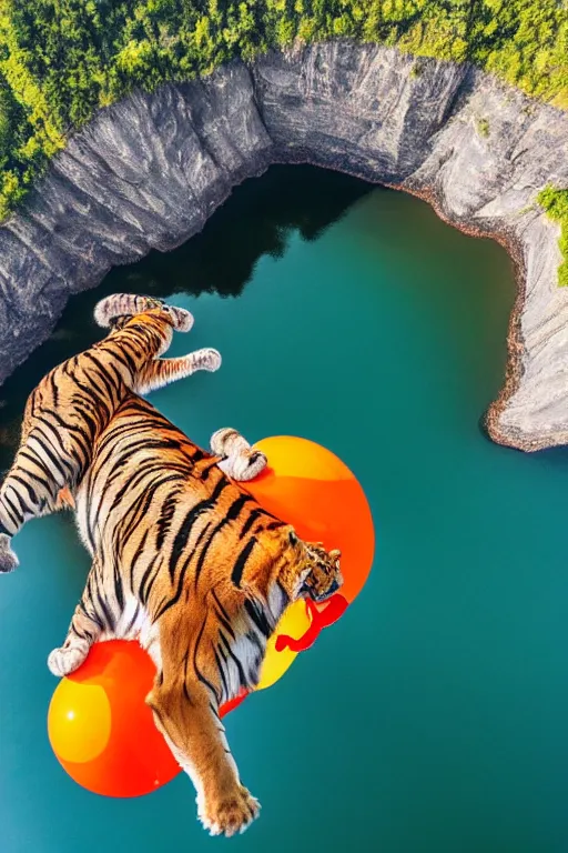 Image similar to realistic hairy tiger attached to a large open balloon parachute in the middle of the air jumping from a mountain cliff. photo captured by a drone. wide angles lens. epic