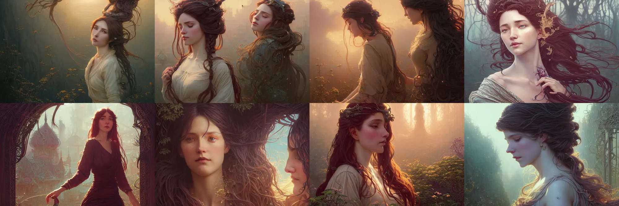 Prompt: highly detailed portrait of a woman with long hairs, stephen bliss, unreal engine, fantasy art by greg rutkowski, art nouveau, loish, rhads, ferdinand knab, makoto shinkai and lois van baarle, ilya kuvshinov, rossdraws, tom bagshaw, alphonse mucha, global illumination, radiant light, detailed and intricate environment