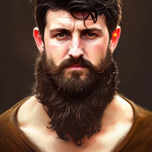 Prompt: Harry Maguire with a majestic beard, closeup, D&D, fantasy, intricate, elegant, highly detailed, digital painting, artstation, concept art, matte, sharp focus, illustration, art by Artgerm and Greg Rutkowski and Alphonse Mucha