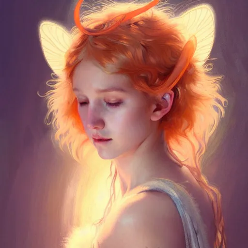 Image similar to Portrait of a girl angel with pale orange colored fuzzy frizzy hair, cat ears on her head, glowing halo, wings on her back, fantasy, intricate, elegant, highly detailed, digital painting, artstation, concept art, smooth, sharp focus, illustration, art by Krenz Cushart and Artem Demura and alphonse mucha