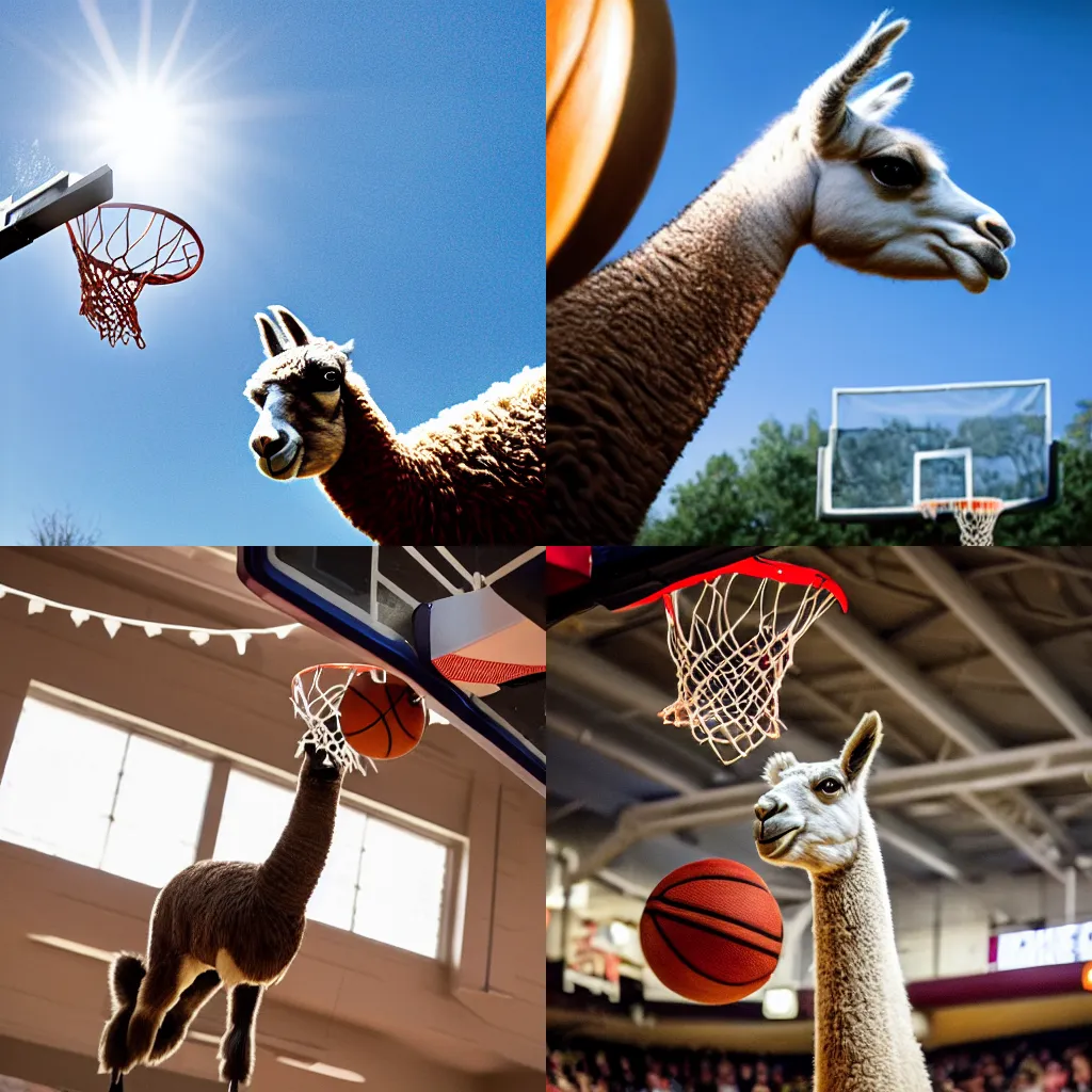 Prompt: film still of a llama in a jersey dunking a basketball, low angle, show from below, tilted frame, 3 5 °, dutch angle, extreme long shot, high detail, indoors, dramatic backlighting