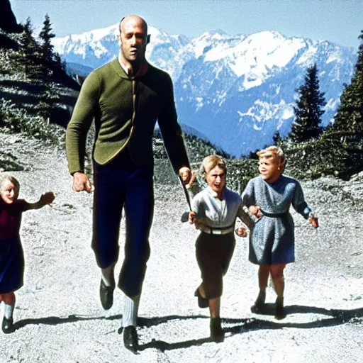 Image similar to jason statham walking on the mountainside with children in the sound of music 1 9 6 5