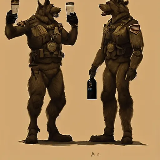 Image similar to two humanoid german shepherds beast - men in military style, they holding a beer, artstation, concept art, smooth, sharp foccus ilustration, artstation