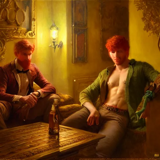 Image similar to attractive male mike with ginger hair and attractive male tyler with brunet hair, drinking their hearts out, in their noble mansion, at night. highly detailed painting by gaston bussiere, craig mullins, donato giancola 8 k