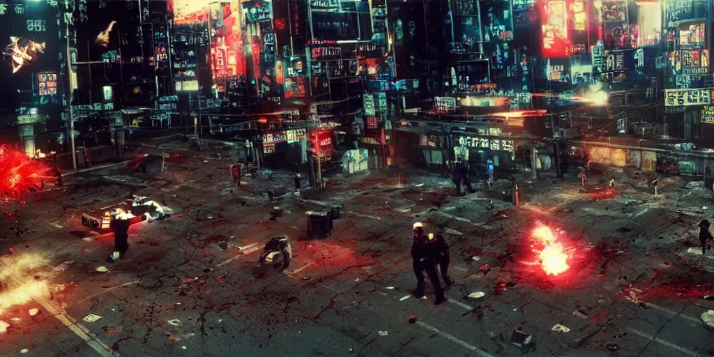 Image similar to 1991 Video Game Screenshot, Anime Neo-tokyo Cyborg bank robbers vs police, bags of money, Multiplayer set-piece, Police officers hit by bullets, Bullet Holes and Blood Splatter, Hostages, Smoke Grenades, Large Caliber Sniper Fire, Chaos, Cyberpunk, Money, Anime Bullet VFX, Machine Gun Fire, Violent Gun Action, Shootout, Highly Detailed, 8k :4 by Katsuhiro Otomo + Studio Gainax : 8