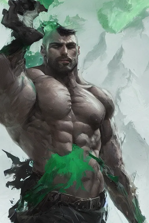 Image similar to the ultimate gigachad, incredibly handsome muscular man with chiseled jawline, black hair, green eyes by Nuri iyem, James gurney, James Jean, Greg Rutkowski, highly detailed, trending on artstation, artstationHD, artstationHQ, 4k, 8k