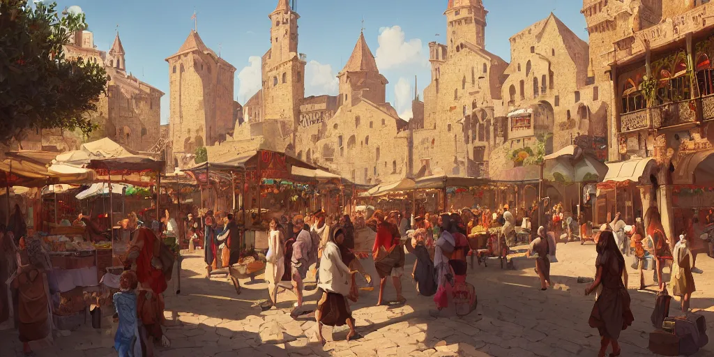 Image similar to a busy medieval Mediterranean street market in the style of Sylvain Sarrailh, beautiful digital art, cinematic composition, detailed, concept art, Matt painting, oil painting, high res