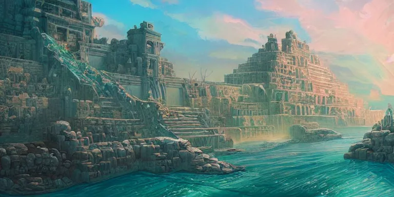 Prompt: a beautiful painting of the lost city of atlantis by amir zand and dan mumford ; trending on artstation, conceptartworld, hd, 8 k, 4 k, high def