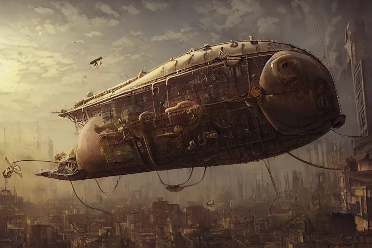 Image similar to a pig blimp hybrid, steampunk, digital art, extremely detailed, flying over a city, greg rutkowski, cinematic