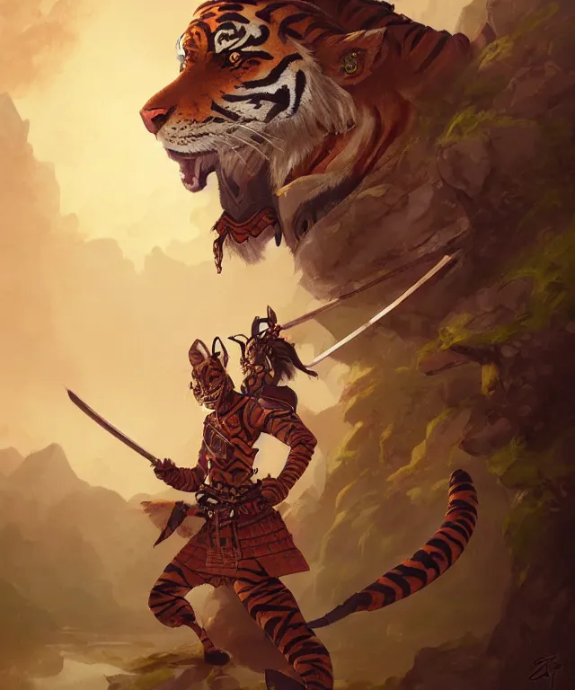 Image similar to anthropomorphic tigress samurai, samurai outfit, standing in a beautiful landscape, dnd character art portrait, matte fantasy painting, deviantart artstation, by jason felix by steve argyle by tyler jacobson by peter mohrbacher, cinematic lighting
