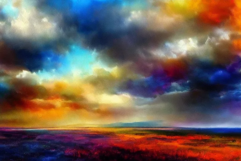 Image similar to amazing landscape painting with moody clouds and unusual colors, random-artist-blend