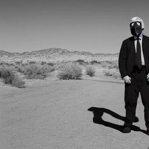 Image similar to A photo of Boris Johnson in a gas mask and underpants, Breaking Bad, New Mexico desert, cinematic lighting, RV