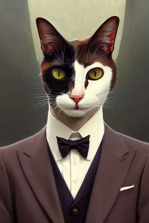 Prompt: a portrait of a male cat in a suit, half portrait, classic oilpainting, fantasy, sharp focus, intricate, elegant, digital painting, artstation, matte, highly detailed, concept art, illustration, ambient lighting, art by ilya kuvshinov, artgerm, alphonse mucha, and greg rutkowski